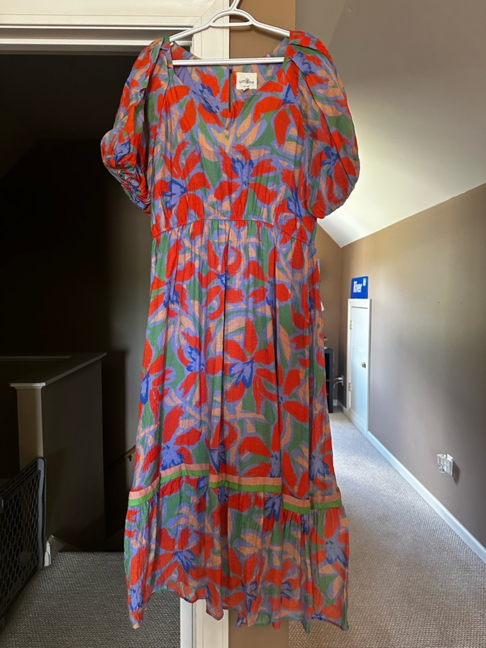 Umgee Colorful Floral Midi Dress with Puff Sleeves